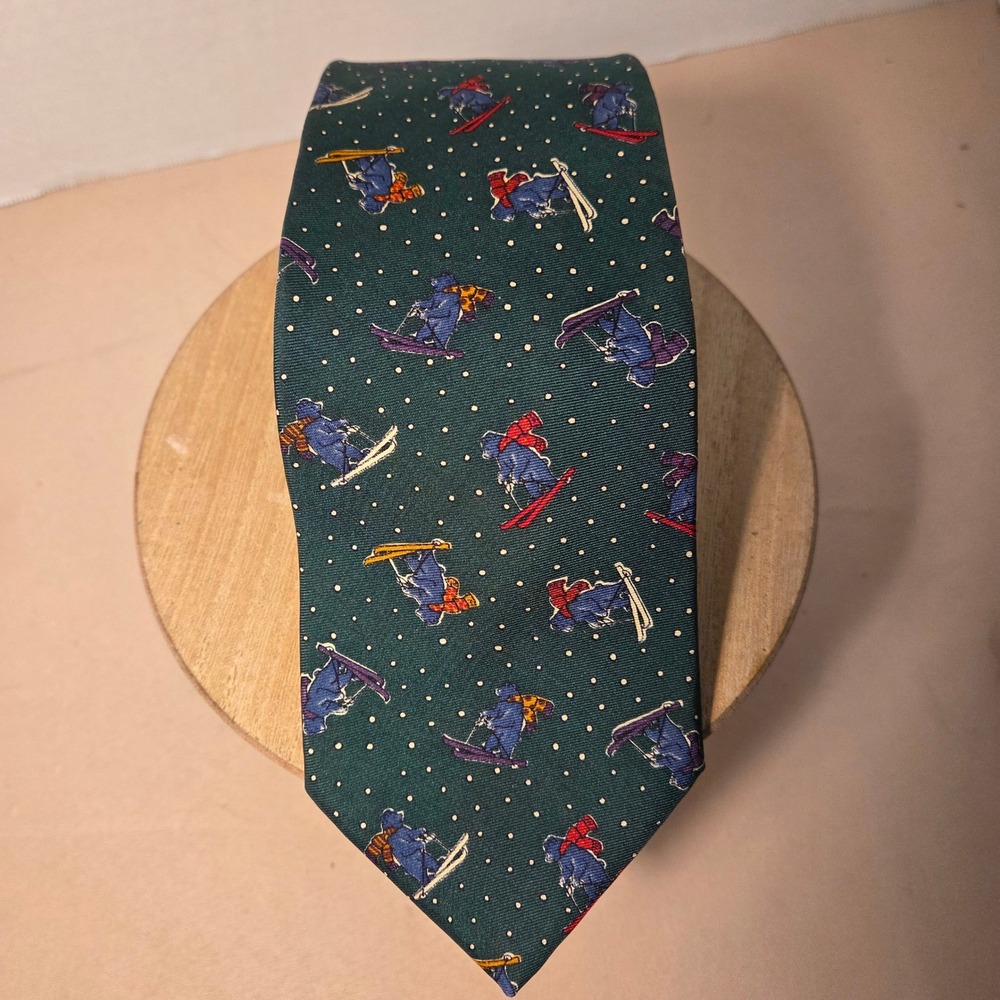 Brooks Brothers Makers Silk Tie Green Skiing Bears Novelty Print Made in USA